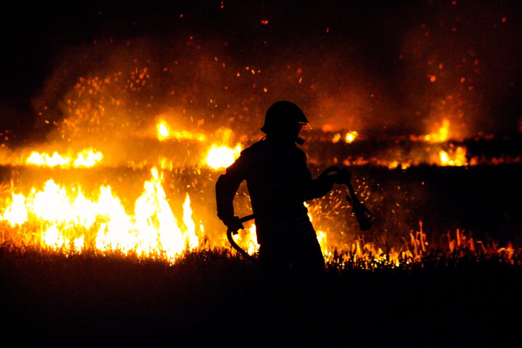 Firefighter with a hose putting out a fire.