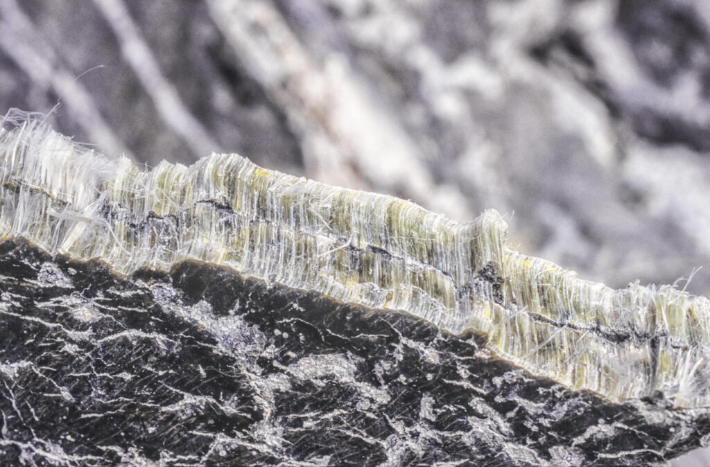 Detail view of an Asbestos Chrysotile fiber stone