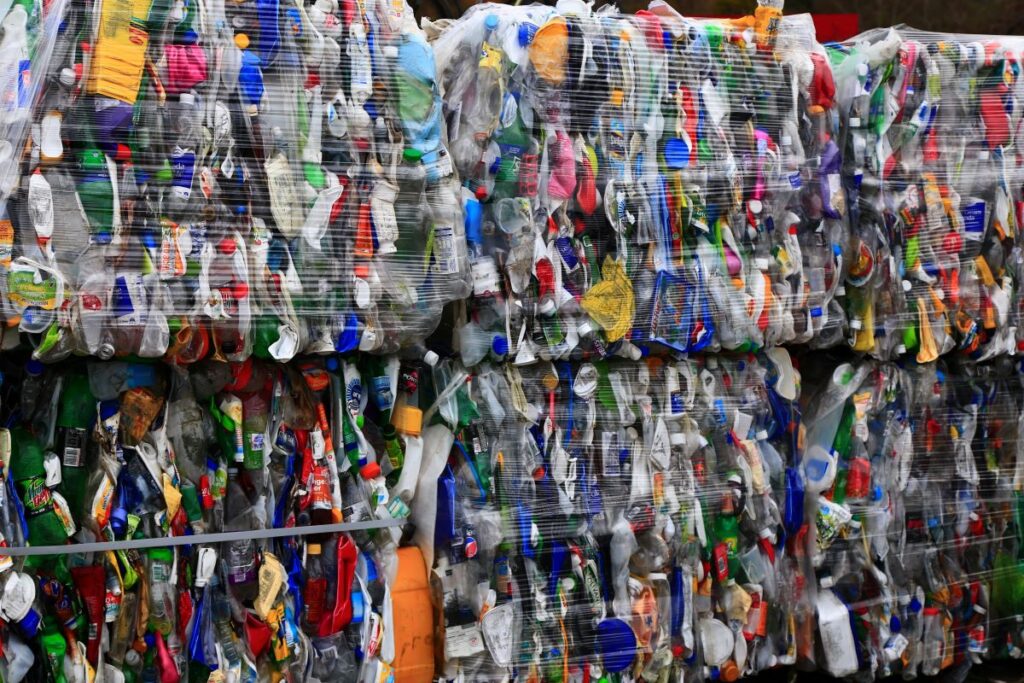 Bales of plastic packaging stacked on top of each other
