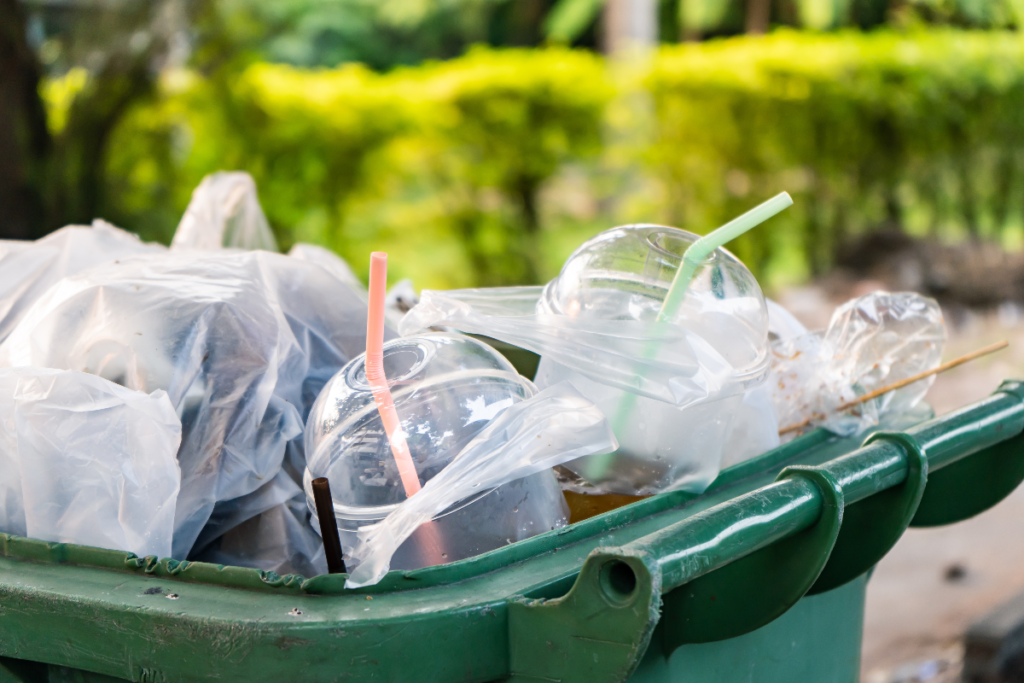 Single-use plastics in a bin
