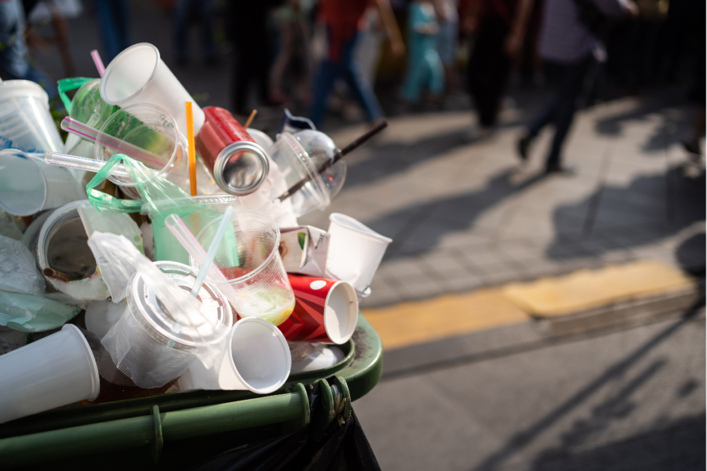 Single-use plastics in an outside bin