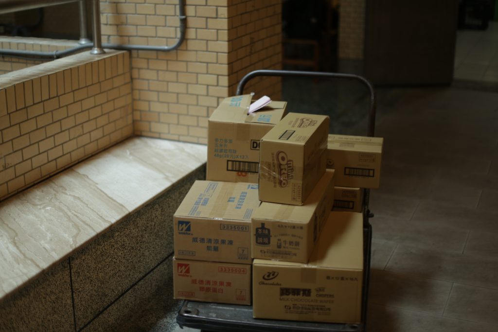 Cardboard boxes on a trolley