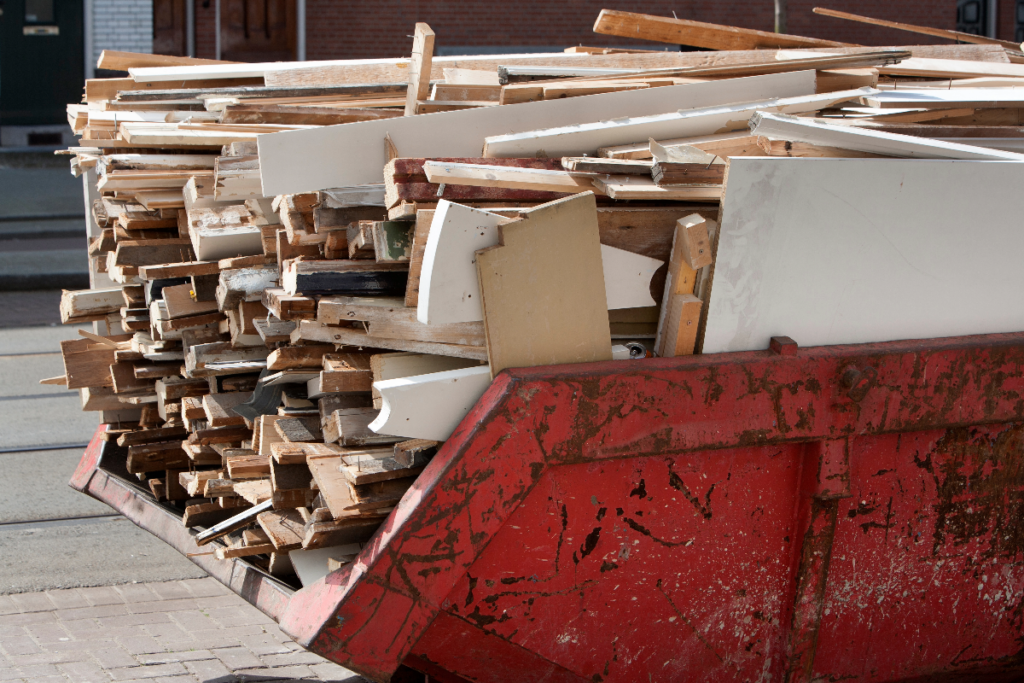 Wooden planks in a skip